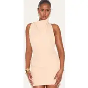 Natural High Neck Cowl Backless Bodycon Dress, Natural