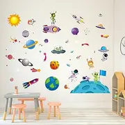 AnFigure Space Wall Decal Planets Astronaut Rocket Spacecraft Alien Galaxy Wall Stickers for Boys Kids Baby Toddler Nursery Playroom Bedroom Wall Decals Solar System Stickers Space Room Wall Decor