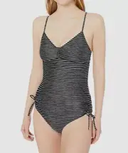 $196 Prana Women's Black Moorea Stripe Deep V-Neck One-Piece Swimsuit Size XS