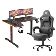 Advwin L Shape 160cm Gaming Desk RGB LED Light & Gaming Chair Racing Seat w/Footrest Office Chair Dark Grey