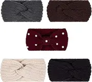 Whaline 5 Pieces Knit Headbands Winter Ear Warmers, 4 Elastic Turban Head Wraps and 1 Pearl Crochet Hair Band, Hair Scrunchies Scarves for Women Girls (Autumn&Winter Colors)