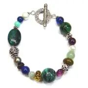 BLUE GREEN Agate Jasper Amethyst Pearl Amazonite Sterling SS 7.5” Bracelet S225