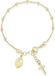 [HCTCPALS] Gold Silver Bracelet for Women Italian Rosary Bracelet Cross Charm Virgin Mary Coin Pendant Bead Chains Jewelry Gifts 8.7 inches