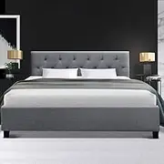 Artiss Double Bed Frame Platform Tufted Headboard Wooden Frames Beds Base Bedroom Room Decor Home Furniture, Upholstered with Grey Faux Linen Fabric + Foam + Wood, Modern Design