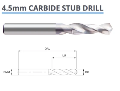 4.5mm CARBIDE STUB DRILL BIT 2 FLUTED DIN6539 8003030450 EUROPA TOOL P319