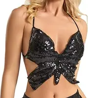 [Bufenia] Women's Dance Bra Tops Butterfly Sequins Crop Top Party Belly Dance Tops Festival Clubbing Bra Top