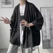 3/4-Sleeve Plain Open Front Kimono Jacket Kimono Jacket - Black - S