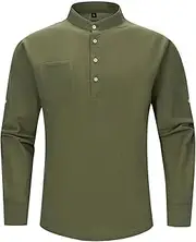 [MANLUODANNI] Men's Cotton Linen Henley T-Shirts Button Down Shirt Long Sleeve for Men