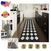 Durable Black Checkered Runner Rug - Washable & Water-Resistant 120” x 24”