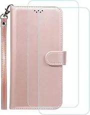LCEHTOGYE Cover for Ulefone Note 16 Pro + 2 Slice HD Tempered Glass,Shell PU BracketBumper Protective Back Case - Anti-Scratch Screen Protector for Ulefone Note 16 Pro-YSFP - RGold