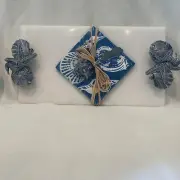 Mud Pie Marble Cheeseboard W/silver Seahorse & Shell Handles Spreader Napkins