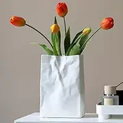 Pumtus Crinkle Paper Bag Ceramic Vase, 7.8 Inch Square Wide Mouth Pleated Vase, Unique White Matte Vase, Minimalist Boho Vase for Flower Arrangement Table Centerpiece Home Office Bookshelf Decor