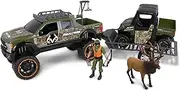 NKOK Realtree 1/18 Scale Free-Wheel Playsets 10-PC Set, RT Ford F-250 Super Duty w/Polaris Ranger on Trailer & Accessories (Roof Rack, Hunter, Helmet, Game Hoist, Roll Bar, Elk, Bow&Arrows)