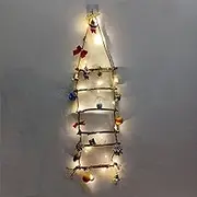 Christmas Lit Twig Wall Tree, Christmas Wooden Ladder Tree Hanging LED Lights, Battery Operated Hanging Christmas Wall Decoration Wooden Rope Ladder Bedroom Living Room