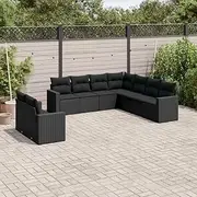 9 Piece Black Poly Rattan Garden Outdoor Furniture Sets with Cushions for Patio, Porch, Balcony - Conversation Set with Table and Chairs