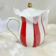 Grace Fine Porcelain Holiday Red White Stripe Tall Teapot Tea Pot stunning New