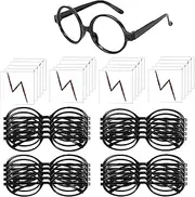 OPENDGO 20 PCS Wizard Glasses Set Black Round Frame No Lenses and 20 PCS Lightning Bolt Tattoos for Holiday St. Patrick's Day Cosplay Party Costumes Accessories,Magical Theme Party Decorations