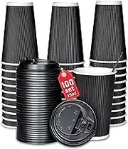 Disposable Coffee Cups 16 oz 100 Pack, 500ml Drinking Cups for Hot Coffee Drinks with lids and Straws, Ideal for Home, Business, Office, Party, Cafe, Travel (Black)