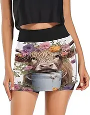 [RPLIFE] Highlands Cow and Flowers Womens Exercise Skirt, Golf Skorts, Womens Skorts for Summer with Pockets Tummy Control