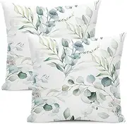 [AEIOAE] Spring Sage Green Pillow Covers 18x18 Inch Set of 2,Watercolor Eucalyptus Floral Throw Pillows Case,Seafoam Leaves Print Decorative Square Cushion Outdoor Leaf Decor,(ZHH121002)