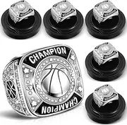 Remuuly Basketball Champion Rings Basketball Champion Trophy Rings Award Gift Prize with Display Neck Chain and Stand for Basketball Tournament or Champion Winner (Silver,6 Pcs)