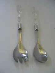 Salad Fork & Spoon Salad Tossing Utensil Set Steel Lucite Handles