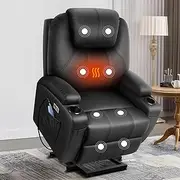 ALFORDSON PU Leather Recliner Chair with Dual USB Charging Ports, Electric Heated Massage Armchair Remote Control, Lounge Sofa Fully Automatic Lifting and Reclining for Home Room and Office, Black