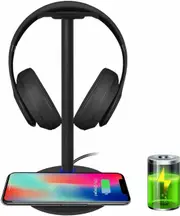New Bee Sturdy 2-in-1 Headset Holder & Wireless Charger Pad with LED Indicator, Compatible with iPhone 8, 8 Plus, X,Xs,11, 12 Samsung S8, S9,s10, S20, S7 Edge Black