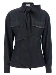 [Brunello Cucinelli] Brunello Cucinelli-Shiny Flap Detail Camicie Blu-Donna S