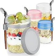 Overnight Oats Container Set of 4 Glass Airtight Yogurt Jars With Lids and Spoons, 350ML Large Capacity With Measurement Marks – Portable for Oatmeal, Cereal, Fruit, Salad