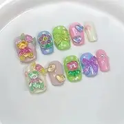 10-Pack Pink Hand Pressed Nails Full Cover Short Round diamond Fake Nails Wearable Manicure