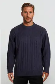 Ansett Navy Blue Cable Crew Neck Wool Jumper