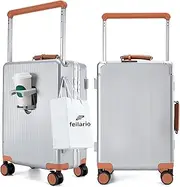 [feilario] Aluminum Frame Hardside PC Carry on Luggage - Wide Handle Double Spinner Wheels Suitcase Built-In TSA lock & Cup Holder - 20in/24in, Pro-silver-brwon, 20in, Business