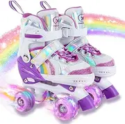 Kids Roller Skates for Ages 5-8/8-12/6-12, 4 Size Adjustable Rainbow Girls Roller Skates with Light Up Wheels, Toddler Roller Skates for Girls Boys, Beginner Kids Roller Skates Indoor Outdoor