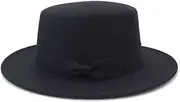 [VASANA] Black Flat Top Fedora Hat Classic Wide Brim Panama Hat with Bow Belt Felt Vintage Jazz Hats for Men Women Party Props and Daily Wear, Black, One Size