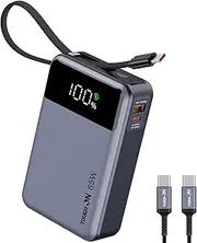 [TOUGH ON] 65W Power Bank, 20000mAh Laptop Portable Charger with Built-in USB-C Cable, USB-C PD Fast Charging Battery Pack for MacBook Dell XPS iPad iPhone 16 15 Samsung S24 S23 S22 Steam Deck and More