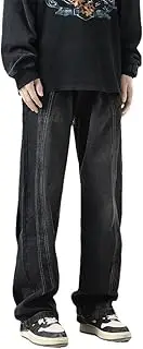 [Generic] Men Handsome Spliced Casual Wide Leg Trousers Washed Gradient Color Jeans