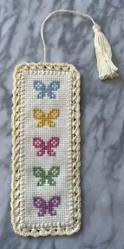 finished completed cross stitch bookmark Butterflies crochet border