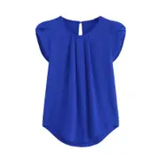 Catzon Womens Casual Round Neck Basic Pleated Top Short Sleeve Curved Keyhole Back Blouse-Blue