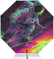 [PDZRMY] Astronaut Skateboard Colors UV Protection Travel Umbrella Compact for Rain and Sun - Auto Open and Close UPF 50+ Windproof Portable 46” Sun Umbrella for Women and Men
