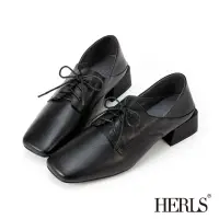 在飛比找momo購物網優惠-【HERLS】牛津鞋-全真皮兩穿素面方頭粗跟德比鞋牛津鞋(黑