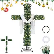 Foldable Cross Christmas Tree, 6ft Cross Christmas Tree, Christmas Tree Shaped Like a Cross, Outdoor Staked Twinkling Christmas Trees with LED Light and Silk Scarf Wood Rattan Ring (5 ft)
