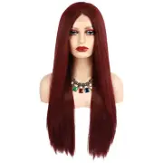 Women Lace Front Wigs Long Straight Hair Daily Use Wine Red 26" with Wig Cap