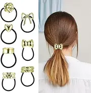 AOZUO 7PCS Metal Hair Ties, Ponytails Hair Cuffs Metal Geometric Elastic Hair Ties Women's Glossy Double Arch Ponytail Hair Tie Hair Band Hair Accessories for Thick Hair Ponytails(Gold)