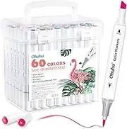 Ohuhu Markers Water-Based Double Tipped 60 Colors Art Markers for Kids Adults Coloring Calligraphy Drawing Sketching Bullet Journal, 59 Unique Colors + 1 Colorless Blender, Chisel & Brush Dual Tips
