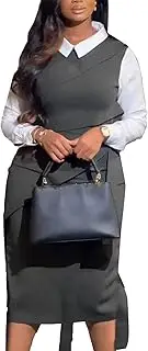 [pnahip] Women's Fall Bodycon Long Sleeve Midi Dresses Formal Collared Patchwork Wear to Work Business Pencil Dress