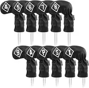 [Big Teeth] Golf Iron Head Covers Headcovers 10Pcs/set 4-9,P,A,S,X Club Protector Elastic Long Neck with Big Number Waterproof Black PU Leather