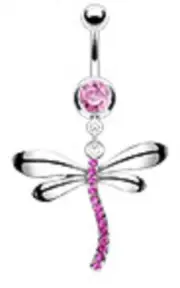 316L Surgical Steel Gemed Dragonfly Dangle Navel Belly Ring PINK