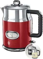 [Russell Hobbs] Kettle [1.7 L, 2400 W] Retro Red & Polished Stainless Steel (Quick Boil Function, Water Temperature Display in Retro Design, External Water Level Indicator) Vintage Tea Maker 21670-70