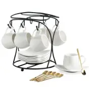 Espresso Cups with Saucers Set Porcelain Coffee Cups and Metal Stand and Spoo...